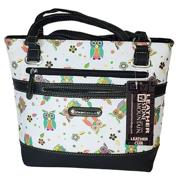 Stone Mountain Bonded Leather Printed Owls Megan Tote Shoulder Handbag 8 Pockets - Picture 12 of 12